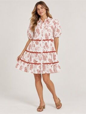 Meadow Rhodes Fruit Print Tiered Shirt Dress White Red Cotton Size S Boho